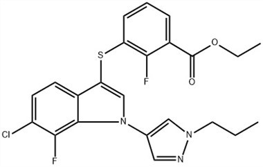Benzoesav, 3-[[6-klór-7-fluor-1-(1-propil-1H-pirazol-4-il){ {8}}H-indol-3-il]tio]-2-fluor-etil-észter (ACI) CAS-szám: 1782070-73-8